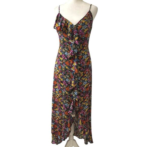 Lost+Wander Black Floral Ruffle Asymmetrical Hi Low Tie Back Midi Dress S New - Picture 2 of 12